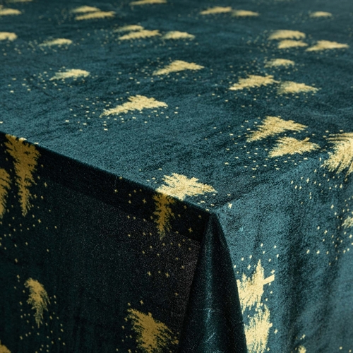 Image of Velour dug - Mørkegrøn juledug med guld træer - Nervøs velour dug - Pakke med 3 meter